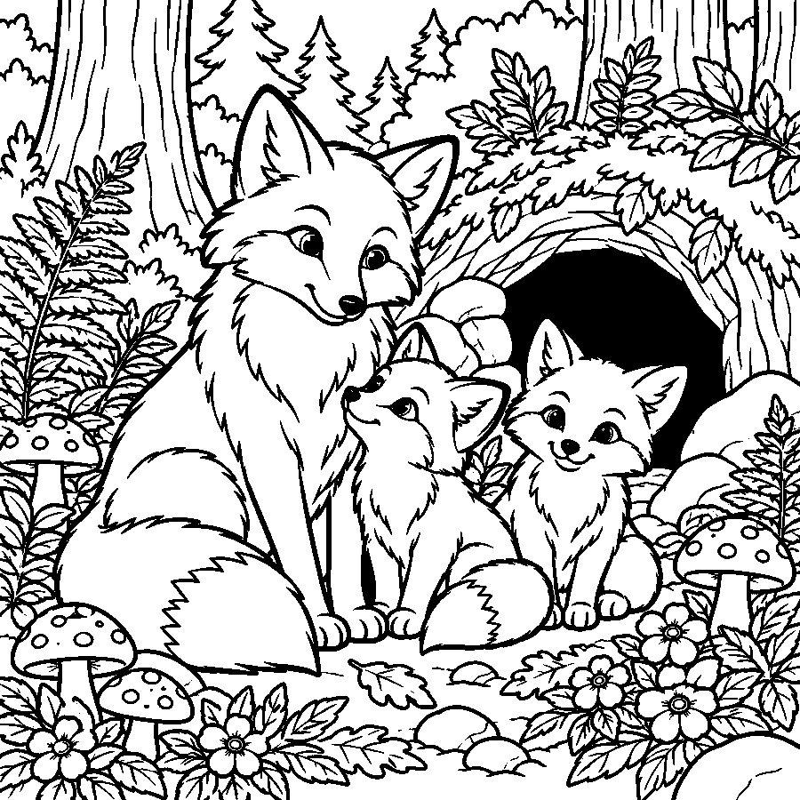 Fox family coloring page